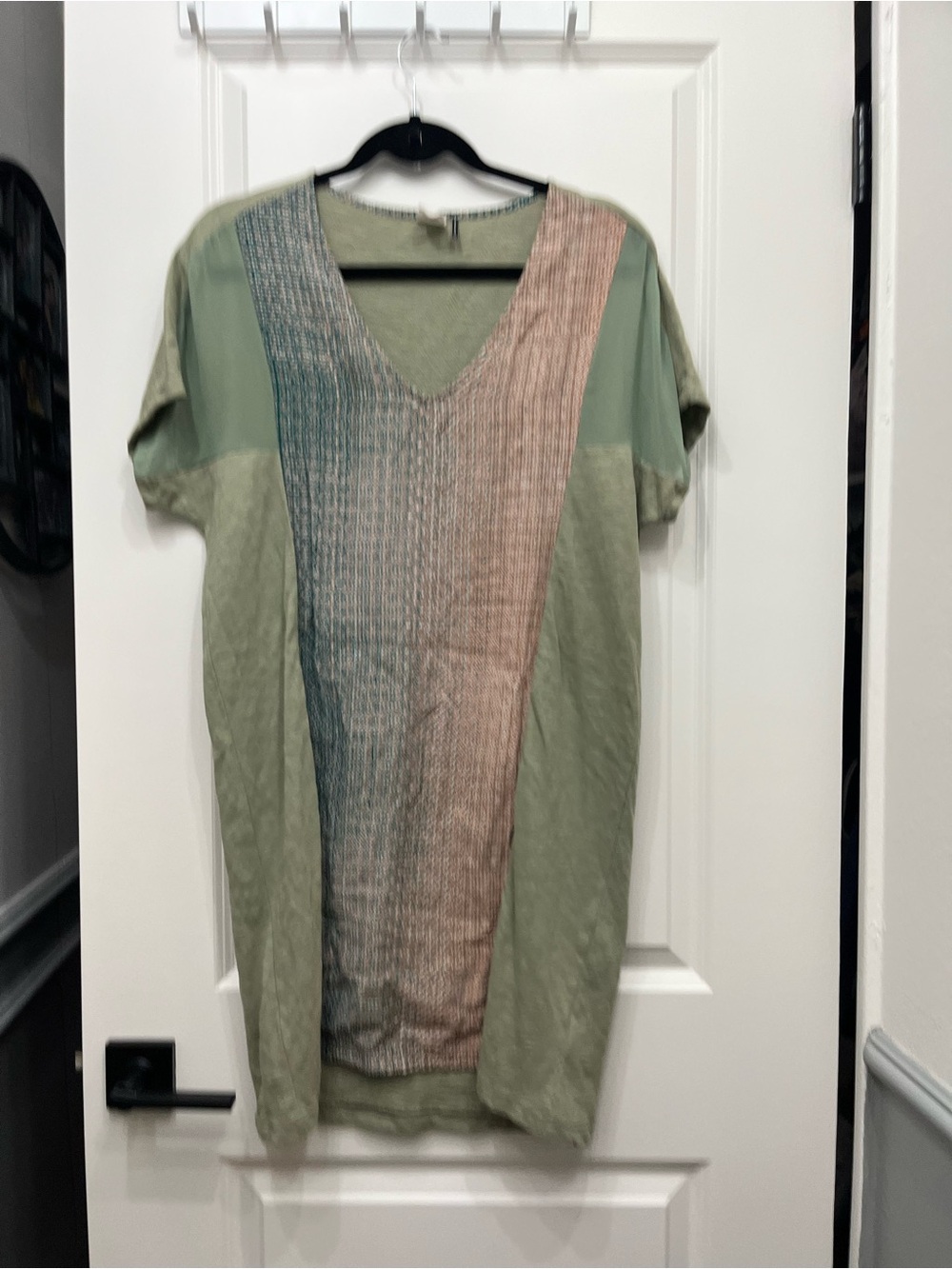 Akemi + Kim Cotton Olive Green V-Neck Colorblock Short Sleeve Tunic Dress XS